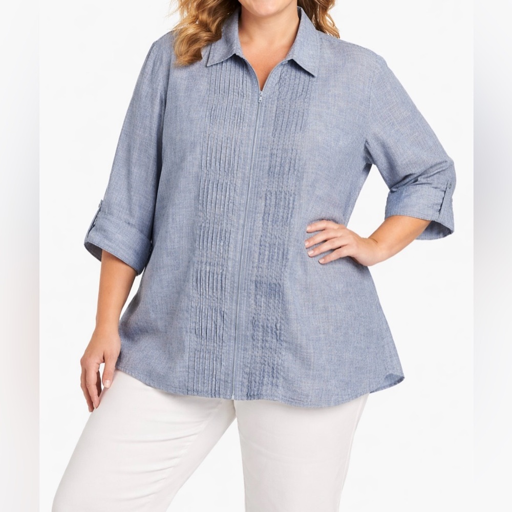 Coldwater‎ Creek 100% Linen Pintuck Zip Front Blouse 2X Lagenlook Vacation Top